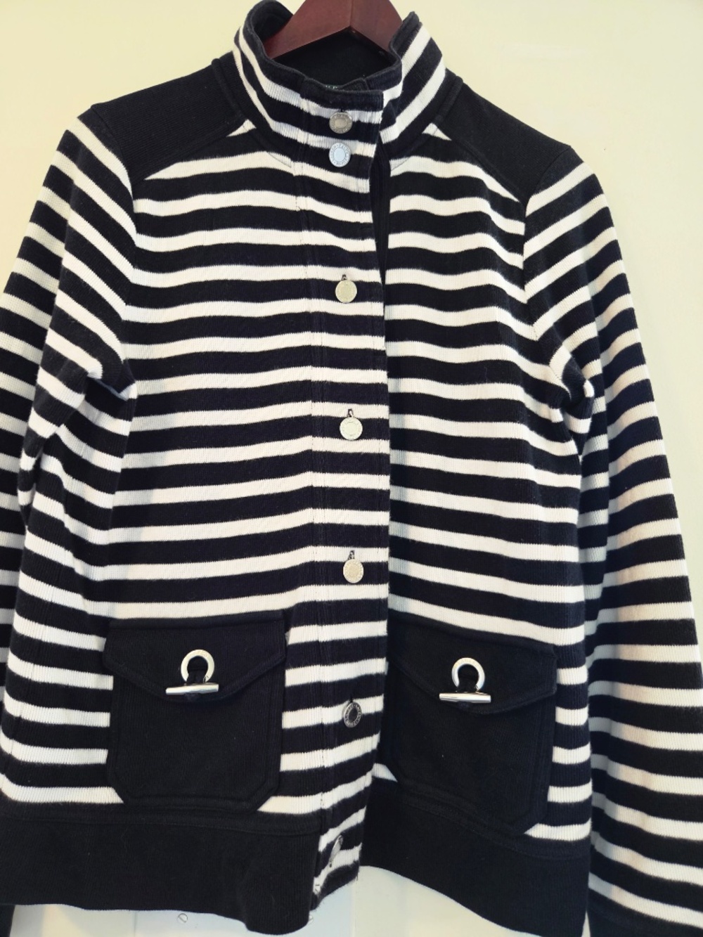 Lauren Ralph Lauren 100% cotton cardigan/sweater stripes M funnel neck preppy - Picture 2 of 7